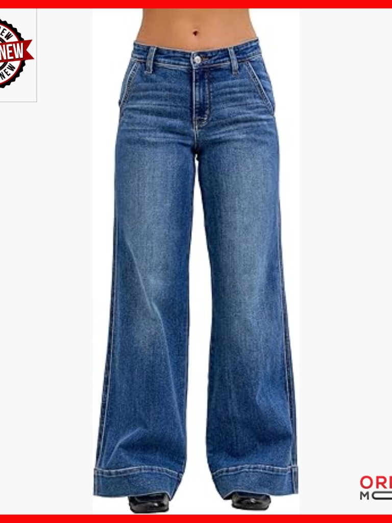 Mid Rise Trouser Retro Wide Leg Jeans, Premium Stretch, Flattering Fit